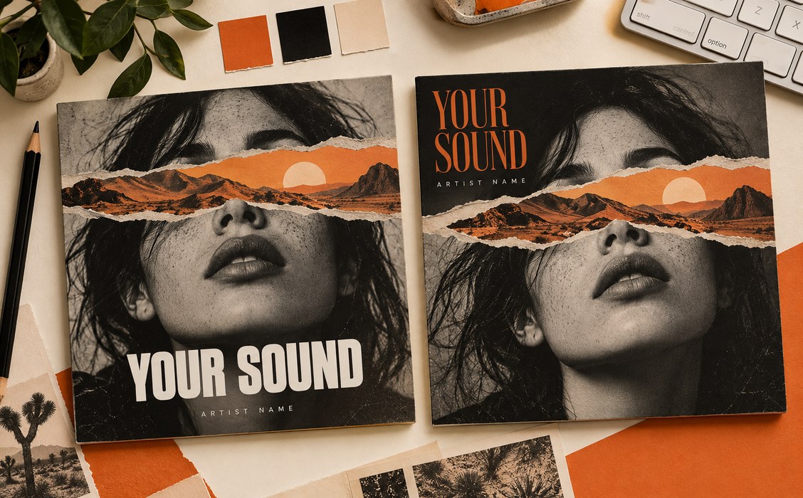 Album artwork proofs with different title treatments