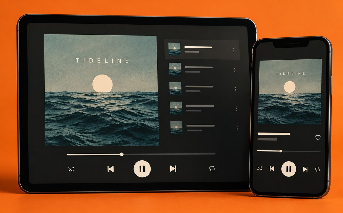 Album artwork displayed on a tablet and smartphone