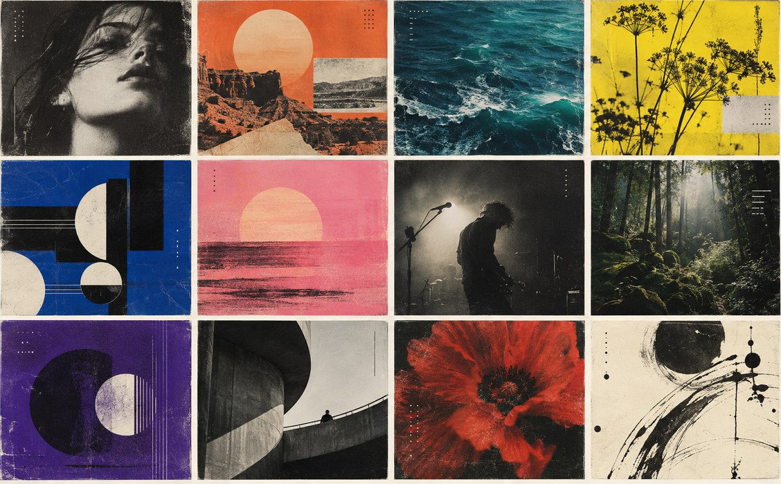 A colorful grid of original album cover designs