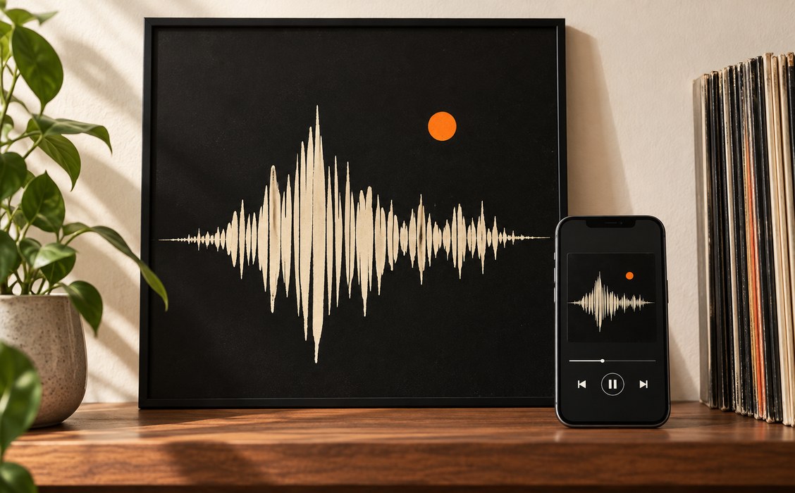 Framed waveform artwork and a matching music-player mockup